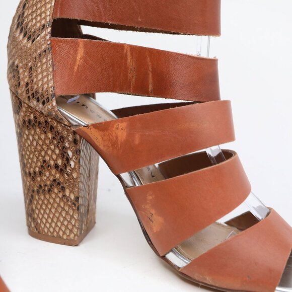 Chinese Laundry Brown Cage Strappy Sandals Python Block Heel Open Toe Shoes - Picture 7 of 12